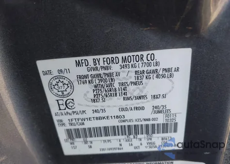 2011 Ford F-150 Fx4 из США, поврежденный, VIN 1FTFW1ET8BKE11803